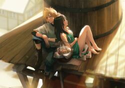Rule 34 | 1boy, 1girl, aged down, aqua dress, bare legs, bare shoulders, barefoot, black hair, blonde hair, blue eyes, blue shorts, blurry, blurry background, boots, building, cloud strife, commentary, dress, elbow rest, english commentary, final fantasy, final fantasy vii, final fantasy vii remake, full body, highres, house, knee up, knees up, leaning on person, light blush, long hair, looking up, low ponytail, outdoors, picnic basket, red eyes, sandals, unworn sandals, shorts, sitting, sleeveless, sleeveless dress, smile, spiked hair, spykeee, sundress, tifa lockhart, water tank, water tower