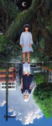 Rule 34 | 2girls, arms at sides, barefoot, black footwear, black hair, blue dress, blue sky, blunt bangs, building, city, cloud, contrast, crescent moon, day, day and night, different reflection, dress, floating hair, forest, highres, jungle, kneehighs, korean commentary, lamppost, loafers, long hair, long sleeves, looking at viewer, medium hair, messy hair, moon, moss, multiple girls, n0ma, nature, night, night sky, original, outdoors, pleated dress, puddle, reflection, robe, sailor dress, shoes, short sleeves, sky, socks, standing, straight-on, straight hair, traditional media, tree, upside-down, very long hair, white dress, white robe, white socks