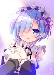 Rule 34 | 10s, 1girl, :d, blue eyes, blue hair, grabbing another&#039;s breast, breasts, commentary request, detached sleeves, grabbing, guided breast grab, guiding hand, hair ornament, hair over one eye, hand on another&#039;s chest, looking at viewer, maid, maid headdress, natsuki subaru, open mouth, purple ribbon, re:zero kara hajimeru isekai seikatsu, rem (re:zero), ribbon, sasai saji, short hair, smile, solo focus, x hair ornament