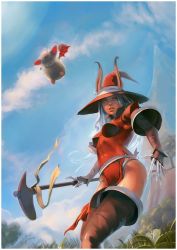 Rule 34 | 1girl, blue sky, boots, cloud, dress, final fantasy, gloves, hat, looking at viewer, mace, moogle, outdoors, pointy ears, realistic, red dress, red eyes, red mage (final fantasy), sky, thigh boots, thighhighs, viera, weapon, wizard hat