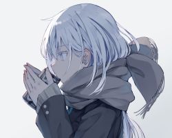 Rule 34 | 1girl, black jacket, blue eyes, blue hair, can, colored eyelashes, commentary request, drinking, enpera, fringe trim, grey background, grey scarf, hair between eyes, holding, holding can, jacket, long hair, long sleeves, looking away, nagishiro mito, original, profile, scarf, simple background, sleeves past wrists, solo, upper body