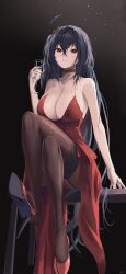 Rule 34 | 1girl, absurdres, ahoge, alcohol, azur lane, bare shoulders, black hair, breasts, champagne, champagne flute, choker, cleavage, cocktail dress, collarbone, cup, dotthebot, dress, drinking glass, evening gown, feet, hair between eyes, high heels, highres, lace, lace-trimmed legwear, lace trim, large breasts, long hair, looking at viewer, official alternate costume, plunging neckline, red choker, red dress, red eyes, solo, taihou (azur lane), taihou (forbidden feast) (azur lane), very long hair