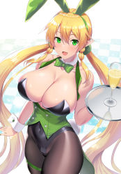 Rule 34 | 1girl, animal ears, black pantyhose, blonde hair, blush, bow, bowtie, breasts, cleavage, collarbone, curvy, elf, fairy, fake animal ears, glass, green bow, green bowtie, green eyes, green leotard, happy, highres, holding, holding tray, huge breasts, kawase seiki, large breasts, leafa, leotard, long hair, navel, pantyhose, playboy bunny, pointy ears, rabbit ears, sketch, skin tight, skindentation, solo, sword art online, thick thighs, thighs, tray, very long hair