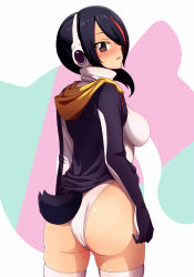 Rule 34 | 10s, 1girl, ass, black hair, blush, breasts, brown eyes, earphones, emperor penguin (kemono friends), hadome, hair over one eye, highres, hood, hoodie, impossible clothes, impossible leotard, japari symbol, kemono friends, leotard, long hair, looking at viewer, looking back, medium breasts, multicolored hair, open mouth, penguin tail, red hair, solo, tail, thighhighs, turtleneck, white leotard, white thighhighs