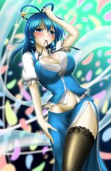 Rule 34 | 1girl, absurdres, black thighhighs, blue eyes, blue hair, blush, breasts, cherry blossoms, cleavage, commentary request, hair ornament, hair rings, hair stick, hand on own head, highres, hisin, kaku seiga, large breasts, long skirt, looking at viewer, midriff, mouth hold, navel, petals, shawl, short sleeves, side slit, skirt, smile, solo, thighhighs, thighs, touhou