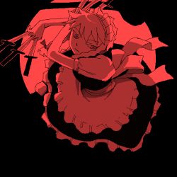 Rule 34 | 1girl, between fingers, braid, female focus, holding, holding knife, izayoi sakuya, jaggy lines, knife, knives between fingers, maid, monochrome, oekaki, onikobe rin, red theme, simple background, solo, throwing knife, touhou, twin braids, weapon