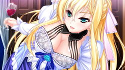 Rule 34 | 1girl, alcohol, amasaka takashi, blonde hair, breasts, cleavage, cup, door, dress, game cg, green eyes, hair ribbon, huge breasts, leaning forward, long hair, looking at viewer, open mouth, ribbon, smile, solo, unionism quartet, wine, yurifina sol ereanoruto