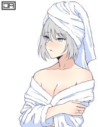 Rule 34 | 1girl, an-94 (girls&#039; frontline), artist logo, bathrobe, blush, breasts, cleavage, commentary, english commentary, girls&#039; frontline, green background, grey hair, hair between eyes, j adsen, jewelry, large breasts, medium hair, off shoulder, parted lips, ring, simple background, solo, towel, towel on head, upper body, wedding band, white background