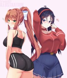 2girls ahoge ass bare_shoulders blue_eyes blue_hair blush bow breasts brown_hair bruunoscp crossover doki_doki_literature_club from_behind green_eyes hair_bow huge_ass large_breasts long_hair looking_at_viewer looking_back miside mita_(miside) monika_(doki_doki_literature_club) multiple_girls ponytail short_shorts shorts sideboob skirt smile sports_bra very_long_hair