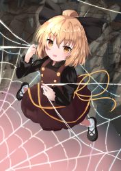 Rule 34 | 1girl, :d, absurdres, blonde hair, blush, bow, brown dress, dress, fang, from above, full body, hair between eyes, hair bow, highres, juliet sleeves, kurodani yamame, long sleeves, looking at viewer, open mouth, puffy sleeves, silk, skin fang, smile, solo, spider web, standing, touhou, v-shaped eyebrows, yellow eyes, yuba39ra