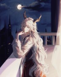 Rule 34 | 1boy, ^ ^, absurdres, androgynous, animal ears, arknights, balcony, black hair, cityscape, closed eyes, curtains, feet out of frame, finger to own chin, full moon, goat boy, goat ears, goat horns, highres, horns, kreide (arknights), long hair, long sleeves, male focus, moon, night, night sky, pants, shirt, sky, smile, solo, very long hair, vest, white hair, white shirt, yunluo