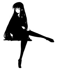 Rule 34 | 1girl, black hair, crossed legs, eu03, female protagonist (houkago play), greyscale, hand on own knee, houkago play, invisible chair, long hair, looking at viewer, monochrome, pantyhose, school uniform, signature, simple background, sitting, solo, textless version, very long hair, white background