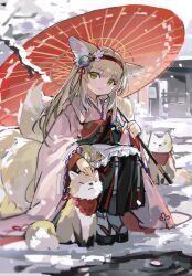 Rule 34 | 1girl, absurdres, animal, animal ears, arknights, flower, fox, fox ears, fox girl, fox tail, hair down, hair flower, hair ornament, hairband, highres, holding, holding umbrella, japanese clothes, kimono, kitsune, long hair, looking at viewer, mento, multiple tails, outdoors, petting, snow, solo, squatting, suzuran (arknights), suzuran (yukibare) (arknights), tail, umbrella, winter