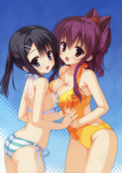 Rule 34 | 2girls, :d, absurdres, ass, asymmetrical docking, bikini, black hair, blue eyes, blush, breast press, breasts, brown eyes, casual one-piece swimsuit, cleavage, detexted, dracu-riot!, hair ornament, hairclip, highres, inamura rio, kobuichi, looking at viewer, medium breasts, mera azusa, multiple girls, muririn, one-piece swimsuit, open mouth, ponytail, purple hair, side-tie bikini bottom, smile, strap gap, striped bikini, striped clothes, swimsuit, symmetrical docking, third-party edit