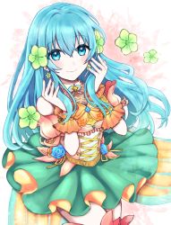 Rule 34 | 1girl, aqua hair, bare shoulders, blue eyes, boots, bracelet, breasts, earrings, eirika (fire emblem), fingernails, fire emblem, fire emblem: the sacred stones, fire emblem heroes, flower, frills, gradient clothes, hair flower, hair ornament, highres, jewelry, lips, long hair, medium breasts, miniskirt, misato hao, nintendo, simple background, skirt, solo, thigh boots, thighhighs, white background, wrist cuffs, zettai ryouiki