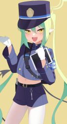 Rule 34 | 1girl, :d, armband, bag, belt, black bag, black belt, black tail, blue archive, blue armband, blue hat, blue jacket, blue shorts, blush, commentary request, cowboy shot, cropped jacket, demon tail, earrings, fang, fujisawa sorao, gloves, green hair, green halo, halo, hand up, hat, nozomi (blue archive), highres, holding, holding tablet pc, jacket, jewelry, long hair, looking at viewer, midriff, navel, open mouth, pantyhose, peaked cap, pointy ears, shorts, shoulder bag, smile, smug, solo, tablet pc, tail, twintails, very long hair, white gloves, white pantyhose, yellow background, yellow eyes