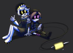 Rule 34 | 1boy, 1girl, absurdres, beanie hat, boots, choker, coat, glitch productions, hair over one eye, hat, highres, murder drones, n (murder drones), purple eyes, purple hair, robot, sitting, size difference, tail, uzi (murder drones)