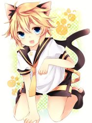 Rule 34 | 1boy, animal ears, bad id, bad pixiv id, blonde hair, blue eyes, cat boy, cat ears, cat tail, highres, kagamine len, leeannpippisum, male focus, open mouth, polka dot, polka dot background, shorts, solo, tail, vocaloid