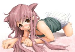 Rule 34 | 1girl, all fours, animal ears, bad id, bad pixiv id, barefoot, blastbeat, blush, brown eyes, cat ears, long hair, open mouth, pink hair, pleated skirt, skirt, solo, tank top, tears, trembling