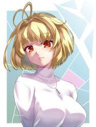 Rule 34 | 1girl, antenna hair, arcueid brunestud, blonde hair, blush, breasts, closed mouth, commentary request, fang, hair intakes, head tilt, highres, jewelry, kirimmitsu, large breasts, long sleeves, looking at viewer, necklace, red eyes, short hair, sidelocks, smile, solo, standing, sweater, tsukihime, tsukihime (remake), turtleneck, turtleneck sweater, upper body, white sweater
