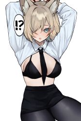 Rule 34 | !?, 1girl, absurdres, animal ear fluff, animal ears, arms up, between breasts, black bra, black necktie, black pantyhose, black skirt, blonde hair, blue archive, blue eyes, blush, bound, bound wrists, bra, breasts, clothes lift, collared shirt, commentary, dog ears, dress shirt, english commentary, extra ears, hair over one eye, highres, kanna (blue archive), large breasts, long sleeves, looking at viewer, medium hair, miclipse, miniskirt, necktie, necktie between breasts, one eye covered, pantyhose, parted lips, pencil skirt, red rope, rope, shirt, shirt lift, simple background, sitting, skirt, solo, teeth, thighs, underwear, white background, white shirt
