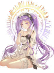 Rule 34 | 1girl, armlet, bad id, bad pixiv id, bare shoulders, bead bracelet, bead necklace, beads, between legs, black hairband, black ribbon, bracelet, breasts, closed mouth, collar, collarbone, dress, euryale (fate), fate/grand order, fate (series), floating hair, flower, frilled dress, frills, full body, hair flower, hair ornament, hair ribbon, hairband, halo, hand between legs, hand up, head tilt, jewelry, lolita hairband, long hair, looking at viewer, medium breasts, mellozzo, neck ring, necklace, parted bangs, purple eyes, purple hair, ribbon, rose, short dress, sidelocks, simple background, sitting, smile, solo, stheno (fate), strapless, strapless dress, thigh beads, thighlet, twintails, very long hair, white background, white dress, white flower, white rose, yokozuwari