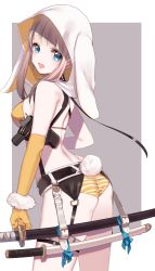 Rule 34 | 1girl, :d, animal ears, ass, bad id, bad twitter id, bare arms, bare shoulders, bikini, blue eyes, border, breasts, brown hair, copyright request, cowboy shot, elbow gloves, fang, from behind, gloves, grey background, gun, head tilt, highres, holster, hood, katana, looking at viewer, looking back, misumi (macaroni), open mouth, orange bikini, orange gloves, rabbit ears, rabbit girl, rabbit tail, sheath, sheathed, sideboob, sidelocks, single glove, smile, solo, strap gap, striped bikini, striped clothes, swimsuit, sword, tail, weapon, white background, white border, white hood