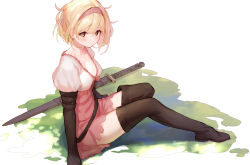 Rule 34 | 1girl, :o, black footwear, black thighhighs, blonde hair, blush, breasts, cleavage, commentary request, djeeta (granblue fantasy), dress, elbow gloves, gloves, granblue fantasy, grass, headband, highres, looking at viewer, medium breasts, outdoors, parted lips, pink dress, pink headband, puffy sleeves, scabbard, sheath, short hair, simple background, sitting, solo, sword, tai (e3d1p), thighhighs, weapon, white background, yellow eyes, zettai ryouiki