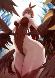 Rule 34 | 1girl, ahoge, brown eyes, brown hair, feather hair ornament, feathered wings, feathers, hair ornament, harpy, highres, hololive, hololive english, long hair, monster girl, moral-steel, multicolored hair, nanashi mumei, navel, ponytail, smile, solo, streaked hair, talons, thick thighs, thighs, very long hair, virtual youtuber, wide hips, winged arms, wings