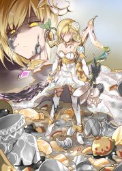 Rule 34 | 1girl, animal ears, armor, bell, blonde hair, blurry, blurry background, breasts, broken glass, rabbit, cleavage, commentary request, detached sleeves, djeeta (granblue fantasy), dress, flower, glass, glorybringer (granblue fantasy), granblue fantasy, hair ornament, harp, high heels, holding, holding weapon, instrument, kazetto, rabbit ears, shaded face, shoulder armor, slime (substance), solo, staff, sword, thighhighs, weapon, white dress, white flower, yellow eyes