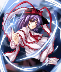 Rule 34 | 1girl, capelet, electricity, female focus, frills, hat, hat ribbon, lightning, looking at viewer, nagae iku, open mouth, pointing, pointing up, purple hair, ram hachimin, red eyes, ribbon, short hair, solo, touhou