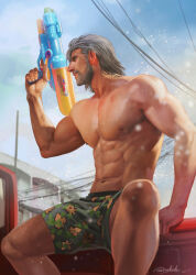Rule 34 | 1boy, abs, absurdres, aenaluck, artist name, bara, chest hair, cloud, day, facial hair, green male swimwear, grey hair, highres, holding, holding water gun, large pectorals, looking to the side, male focus, male swimwear, master (aenaluck), muscular, muscular male, navel, navel hair, nipples, original, outdoors, pectorals, short hair, sitting, sky, solo, splashing, topless male, water gun