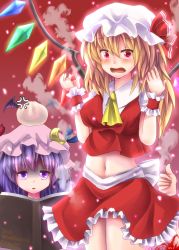 Rule 34 | 2girls, aged up, anger vein, ascot, asymmetrical hair, asymmetrical wings, baozi, blonde hair, crescent, crescent hair ornament, double bun, dress, flandre scarlet, food, hair between eyes, hair bun, hair ornament, hair ribbon, hat, highres, koakuma, long hair, looking at another, looking at viewer, maru daizu (aqua6233), midriff, miniskirt, mob cap, multiple girls, objectification, open mouth, out of frame, patchouli knowledge, purple eyes, purple hair, reading, red background, red dress, red eyes, red skirt, ribbon, shaded face, side ponytail, simple background, skirt, steam, thumbs up, touhou, tress ribbon, undersized clothes, wavy mouth, wings, wrist cuffs
