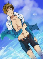 Rule 34 | 1boy, artist request, black jammers, black male swimwear, blonde hair, blue jacket, collarbone, dutch angle, feet out of frame, green eyes, high speed!, jacket, jammers, looking at viewer, male focus, male swimwear, open clothes, open jacket, outdoors, solo, swimsuit, tachibana makoto, tagme, water