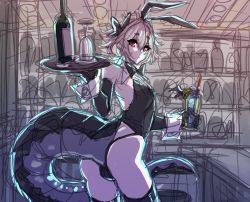 Rule 34 | 1boy, alcohol, ass, bare shoulders, black bow, black gloves, bottle, bow, bulge, cup, dragon tail, drinking straw, elbow gloves, eyes visible through hair, fate/apocrypha, fate (series), gloves, hair between eyes, haoro, holding, holding cup, holding plate, indoors, leotard, looking at viewer, looking back, male focus, pink hair, plate, playboy bunny, red eyes, short eyebrows, sieg (fate), sketch, solo, sweat, tail