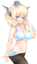 Rule 34 | 1girl, absurdres, bare arms, bare shoulders, blonde hair, blue bra, blue eyes, blue panties, blush, bow, bow bra, bra, braid, breasts, brown pantyhose, chiyami, cleavage, clothes pull, colorado (kancolle), crown braid, fingernails, garrison cap, grey hat, hair between eyes, hand up, hat, headgear, highres, kantai collection, looking at viewer, medium breasts, mini hat, panties, pantyhose, pantyhose pull, plaid, plaid bra, plaid panties, pulling own clothes, simple background, solo, thighband pantyhose, twitter username, underwear, underwear only, v-shaped eyebrows, white background