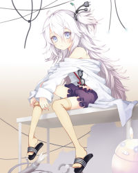 Rule 34 | 1girl, ahoge, bare shoulders, bloomers, cable, electric plug, flip-flops, frills, glasses, grey eyes, highres, juke, long hair, midriff, one side up, original, sandals, side ponytail, silver hair, sitting, sitting on object, solo, table, thighhighs, underwear, wire