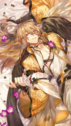 Rule 34 | 1boy, bead necklace, beads, beckoning, bed, bishounen, black bridal gauntlets, blonde hair, bracelet, bridal gauntlets, buddha&#039;s temptation (the tale of food), chinese clothes, dr.k, fingerless gloves, flower, gloves, hair between eyes, hanfu, heterochromia, highres, jewelry, layered sleeves, long sleeves, looking at viewer, male focus, necklace, outstretched hand, purple flower, reaching, reaching towards viewer, red eyes, smile, solo, the tale of food, wide sleeves, yellow eyes