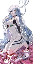 Rule 34 | 1girl, absurdly long hair, absurdres, ayanami rei, blue hair, blurry, bodysuit, breasts, commentary request, depth of field, evangelion: 3.0+1.0 thrice upon a time, floating hair, full body, gradient hair, hair between eyes, hair spread out, hana (h6n6 matsu), hand in own hair, hand up, highres, interface headset, kneeling, long hair, looking at viewer, medium breasts, multicolored hair, neon genesis evangelion, parted lips, pilot suit, plugsuit, rebuild of evangelion, red eyes, simple background, solo, very long hair, white background, white bodysuit