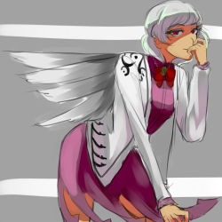 Rule 34 | 1girl, bow, bowtie, dilaih, eyelashes, hand to own mouth, jacket, kishin sagume, leaning forward, legacy of lunatic kingdom, legs, looking at viewer, open clothes, open jacket, red eyes, silver hair, simple background, single wing, skirt, solo, touhou, wings