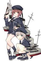 Rule 34 | 10s, 2girls, aqua eyes, bad id, bad pixiv id, brown eyes, brown hair, clothes writing, gun, hand on own hip, hat, highres, ichinose yukino, kantai collection, looking at viewer, multiple girls, personification, sailor collar, sailor hat, short hair, simple background, socks, squatting, weapon, white background, white hair, z1 leberecht maass (kancolle), z3 max schultz (kancolle)