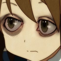 Rule 34 | 1girl, artist request, bags under eyes, brown eyes, brown hair, close-up, exhausted, frown, green eyes, hair between eyes, hirasawa yui, k-on!, meme, realistic, shaded face, solo, vector trace