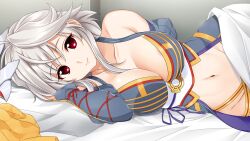 Rule 34 | 1girl, areola slip, bed, bed sheet, breasts, cleavage, closed mouth, female focus, game cg, grey hair, highres, indoors, jinki, jinki resurrection, large breasts, light smile, looking at viewer, lying, mitsumiya kanae, navel, on bed, on side, original, pillow, pink eyes, short hair, smile, solo, tsunashima shirou, under covers, upper body