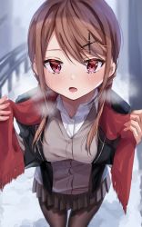 Rule 34 | 1girl, bangs pinned back, blush, breasts, breath, brown hair, cardigan, chigusa minori, dress shirt, highres, jacket, large breasts, looking at viewer, medium hair, open mouth, original, pantyhose, red eyes, scarf, school uniform, shirt, short braid, short twintails, skirt, snow, solo, steam, twintails