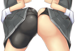 Rule 34 | 10s, 2girls, arched back, ass, ass-to-ass, ass press, bad id, bad pixiv id, bike shorts, black panties, close-up, clothes lift, gloves, huge ass, kantai collection, kuroshio (kancolle), lower body, multiple girls, oyashio (kancolle), panties, pantylines, simple background, skirt, skirt lift, terakoya, thighs, underwear, white background, white gloves, wide hips