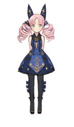 Rule 34 | + +, arms behind back, bare shoulders, black footwear, blue bow, blue dress, blue eyes, blush, boots, bow, copyright request, dress, drill hair, full body, hair ornament, highres, looking at viewer, pantyhose, simple background, sketch, smile, solo, sookmo, standing, twin drills, white background