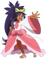 Rule 34 | 1girl, blue hair, bow, brown eyes, child, clenched hand, creatures (company), dark-skinned female, dark blue hair, dark skin, diadem, dress, dress bow, eyelashes, feet, female focus, fighting stance, flat chest, formal, full body, game freak, gen 5 pokemon, happy, iris (pokemon), legs, long hair, long sleeves, looking away, neck, nintendo, official alternate costume, onomekaman, open mouth, outstretched arm, pink dress, pokemon, pokemon bw2, ponytail, sandals, shiny clothes, shiny skin, sidelocks, simple background, standing, thighs, tiara, toenails, toes, two-tone dress, very long hair, white background, white footwear, wide dress, wide ponytail, wide sleeves
