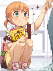 Rule 34 | 1boy, 1girl, backpack, bag, bag charm, bandaid, bandaid on knee, bandaid on leg, blue pants, blurry, blurry background, blush, brown hair, charm (object), closed mouth, commentary request, depth of field, food-themed hair ornament, green eyes, hair ornament, highres, jabittoson, hugging object, original, out of frame, overall skirt, panties, pants, pink footwear, shirt, shoes, short sleeves, short twintails, smile, socks, solo focus, sparkle, strawberry hair ornament, tile floor, tiles, twintails, underwear, white panties, white shirt, white socks