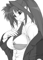 Rule 34 | 00s, 1girl, breast slip, breasts, facial mark, forehead mark, greyscale, hair intakes, large breasts, lindy harlaown, long hair, lyrical nanoha, mahou shoujo lyrical nanoha, monochrome, necktie, nipples, one breast out, open clothes, open shirt, ponytail, shichimenchou, shirt, simple background, solo