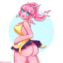Rule 34 | 1girl, apron, blue eyes, blush, breasts, colored skin, hair ornament, highres, juno (omega strikers), large breasts, looking back, maid, miyo uwu, monster girl, omega strikers, pink hair, pink skin, pleated skirt, ponytail, self-upload, skirt, slime (substance), slime girl, thick thighs, thighs